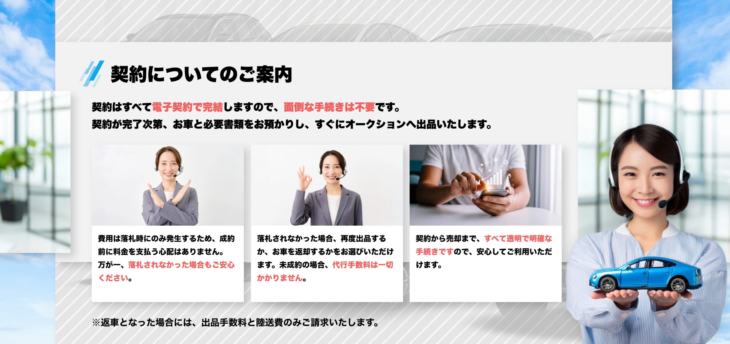契約についてのご案内
契約はすべて電子契約で完結しますので、面倒な手続きは不要です。
契約が完了次第、お車と必要書類をお預かりし、すぐにオークションへ出品いたします。