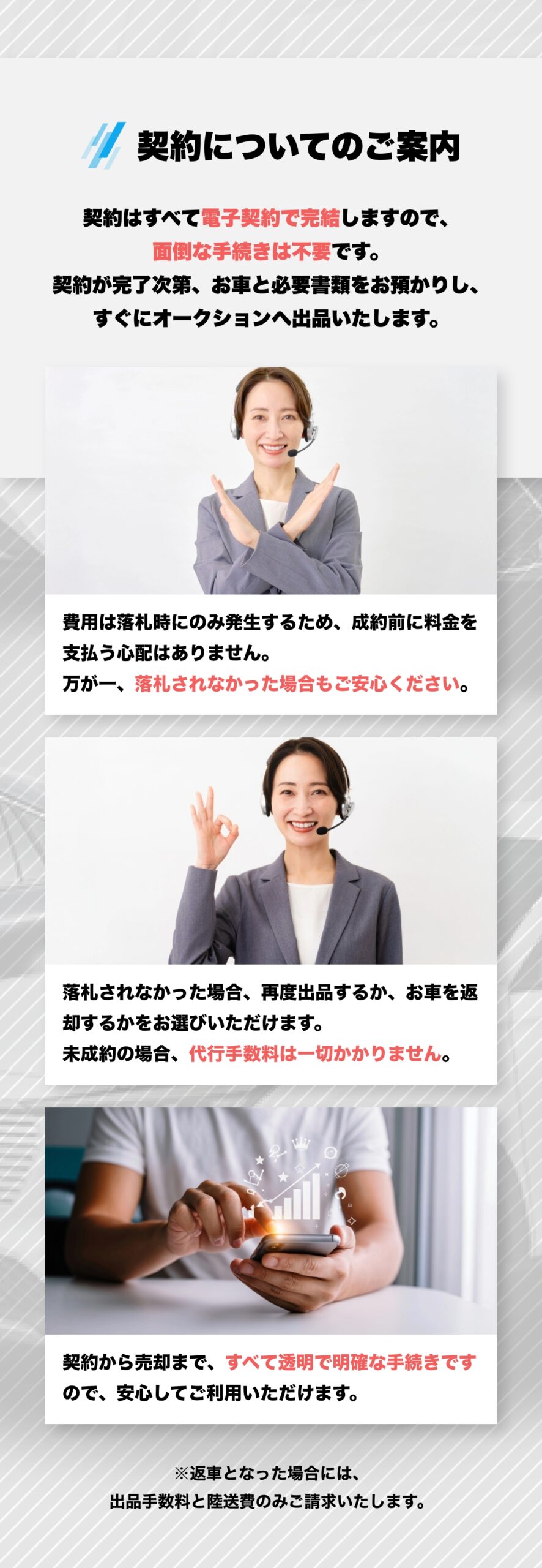 契約についてのご案内
契約はすべて電子契約で完結しますので、面倒な手続きは不要です。
契約が完了次第、お車と必要書類をお預かりし、すぐにオークションへ出品いたします。