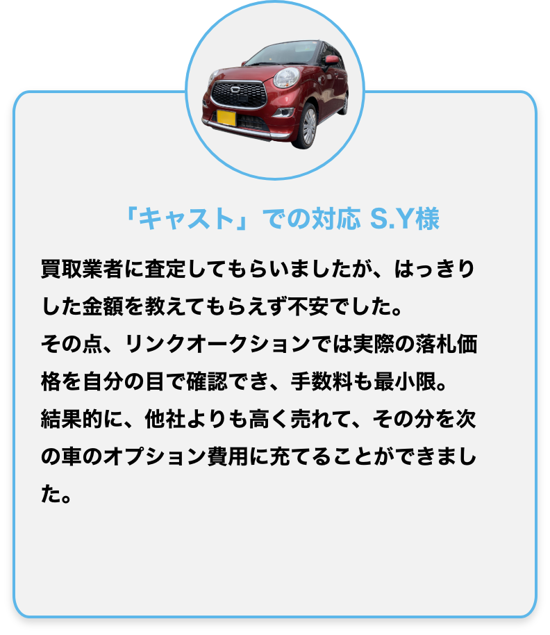 「キャスト」での対応 S.Y様
買取業者に査定してもらいましたが、はっきりした金額を教えてもらえず不安でした。
その点、リンクオークションでは実際の落札価格を自分の目で確認でき、手数料も最小限。
結果的に、他社よりも高く売れて、その分を次の車のオプション費用に充てることができました。